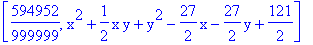 [594952/999999, x^2+1/2*x*y+y^2-27/2*x-27/2*y+121/2]